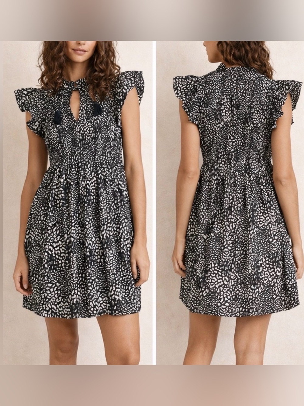 Sea New York Calla Chetah Print Smocked Bust Mini Dress SZ 6 Grey White